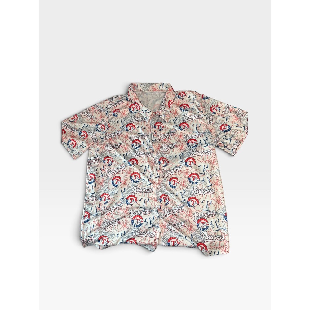 Texas Rangers MLB Mens XL Tropical Floral Button Up Shirt Short Sleeve White